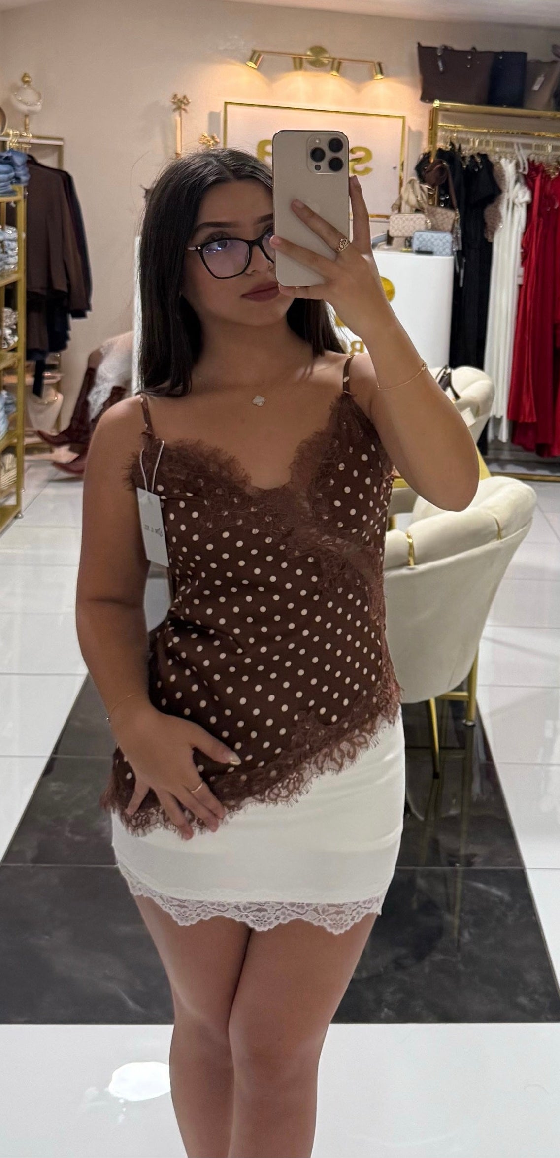 Brown Polka Dot Lace Top