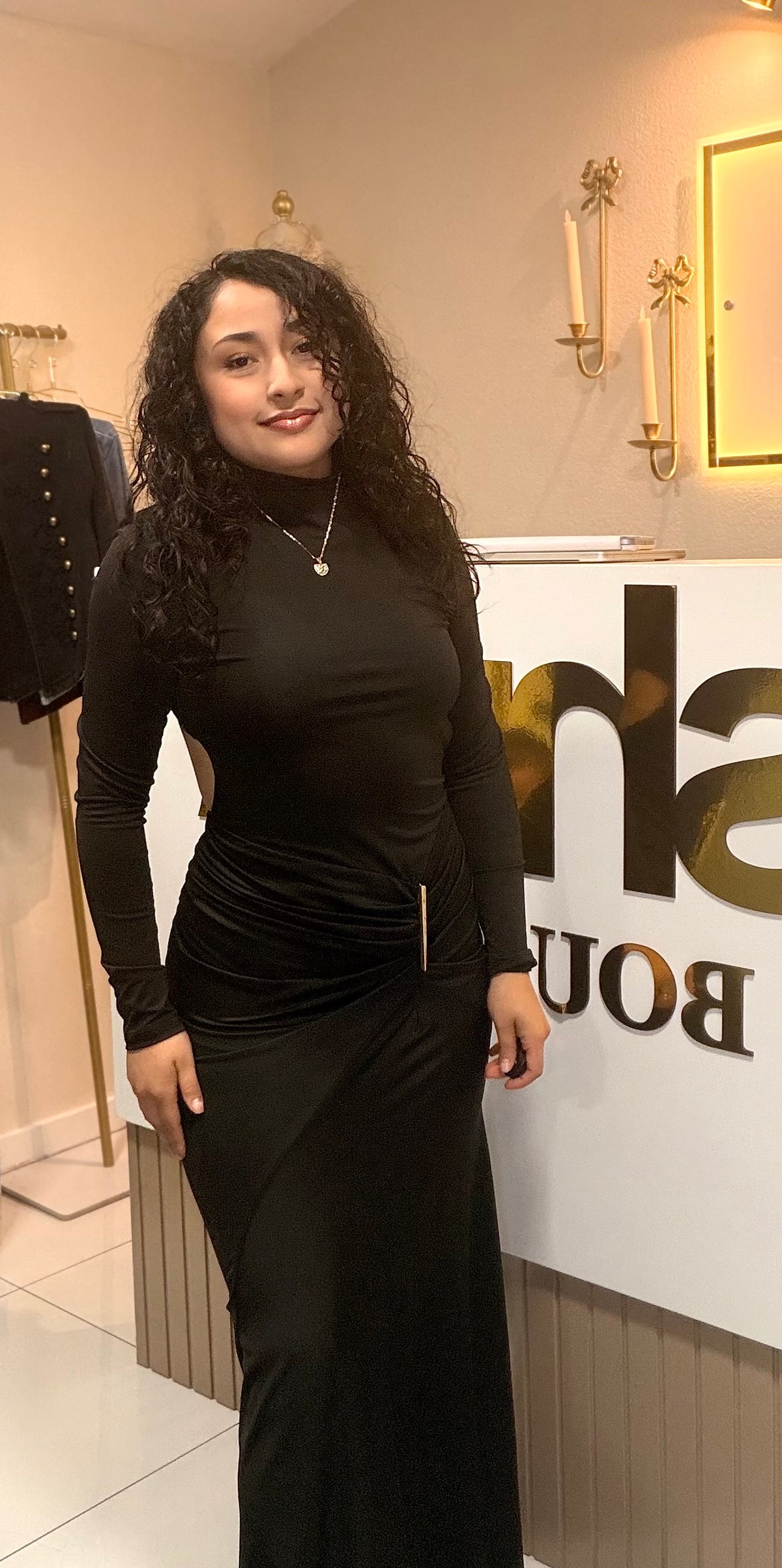 Black Long Sleeve Open Back Mock Neck Dress