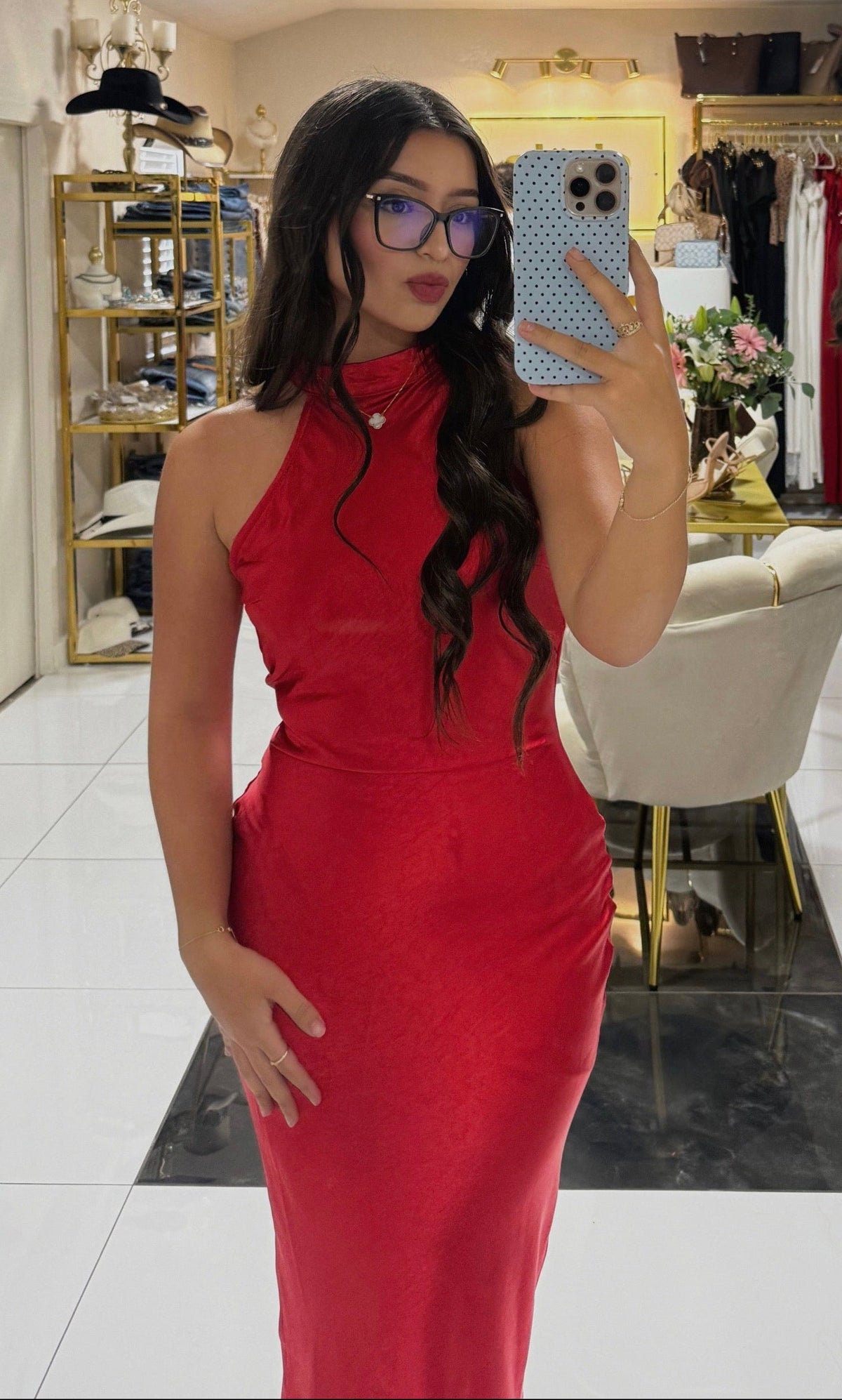 Red Satin Halter Midi Dress