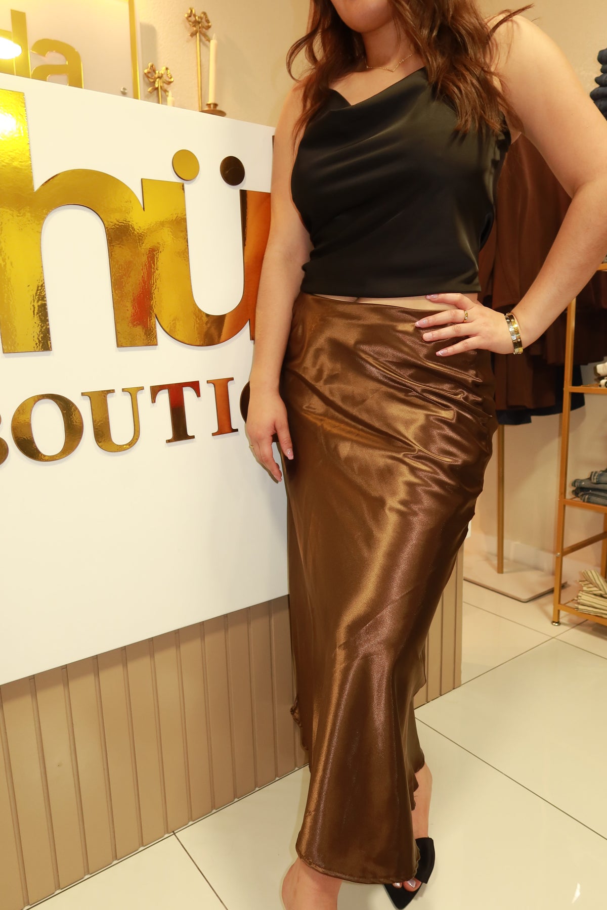 Bronze Satin Maxi Skirt