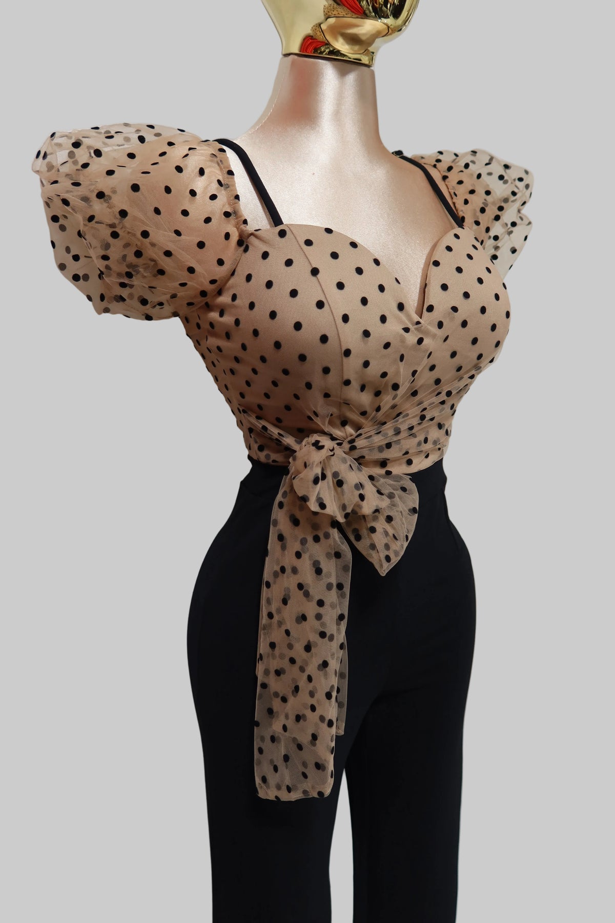 Puff Sleeve Tan Polka Dot Jump Suit