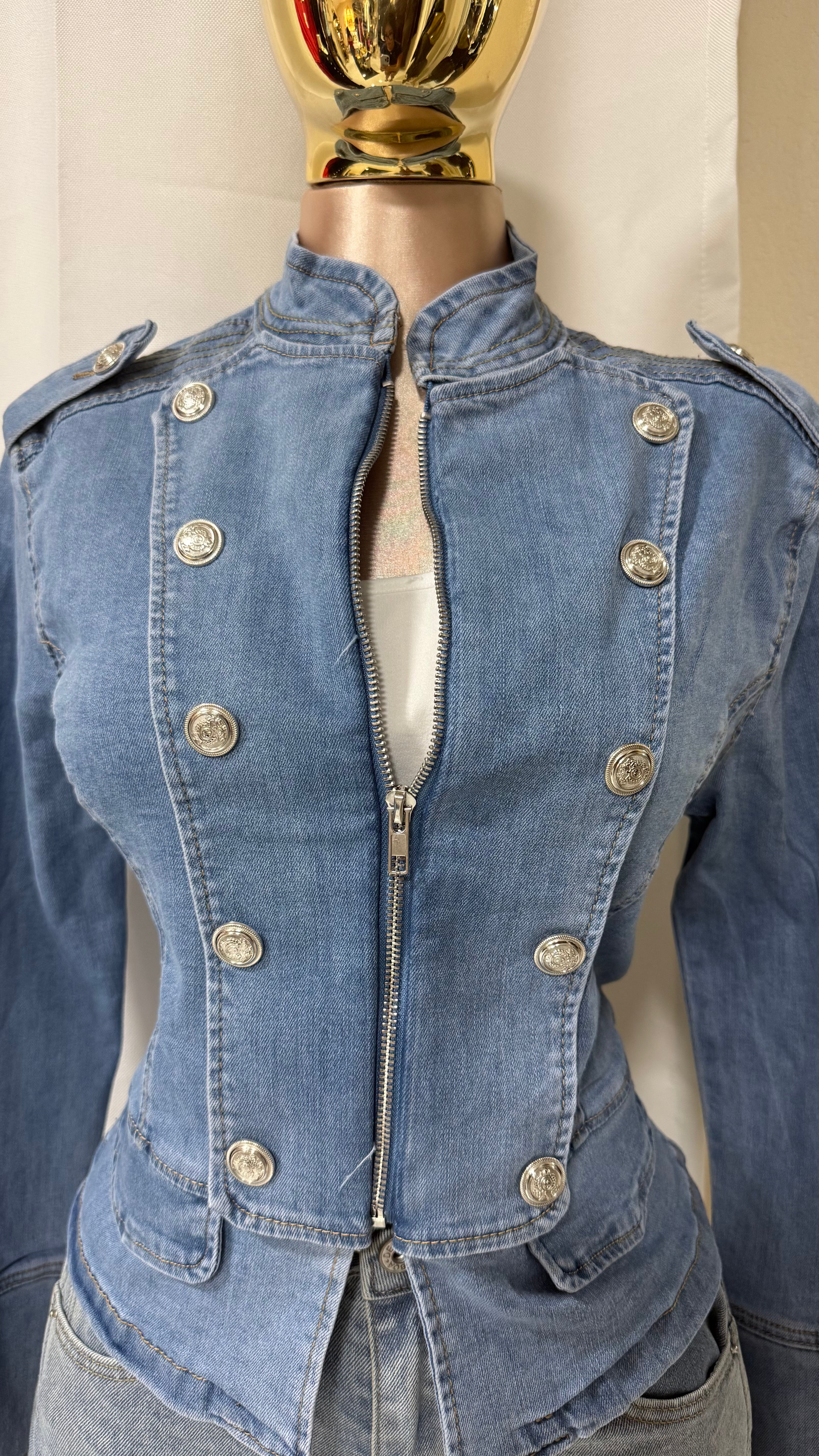 Denim Jacket with Crest Buttons
