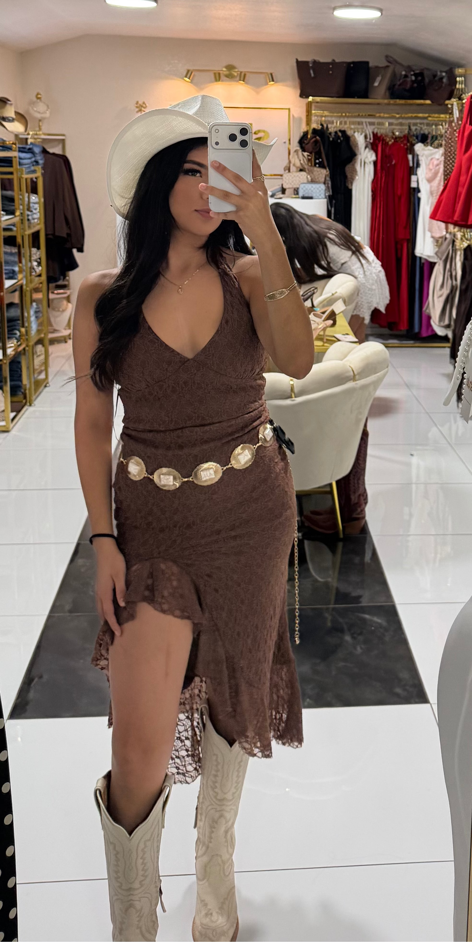 Brown Lace Halter Dress