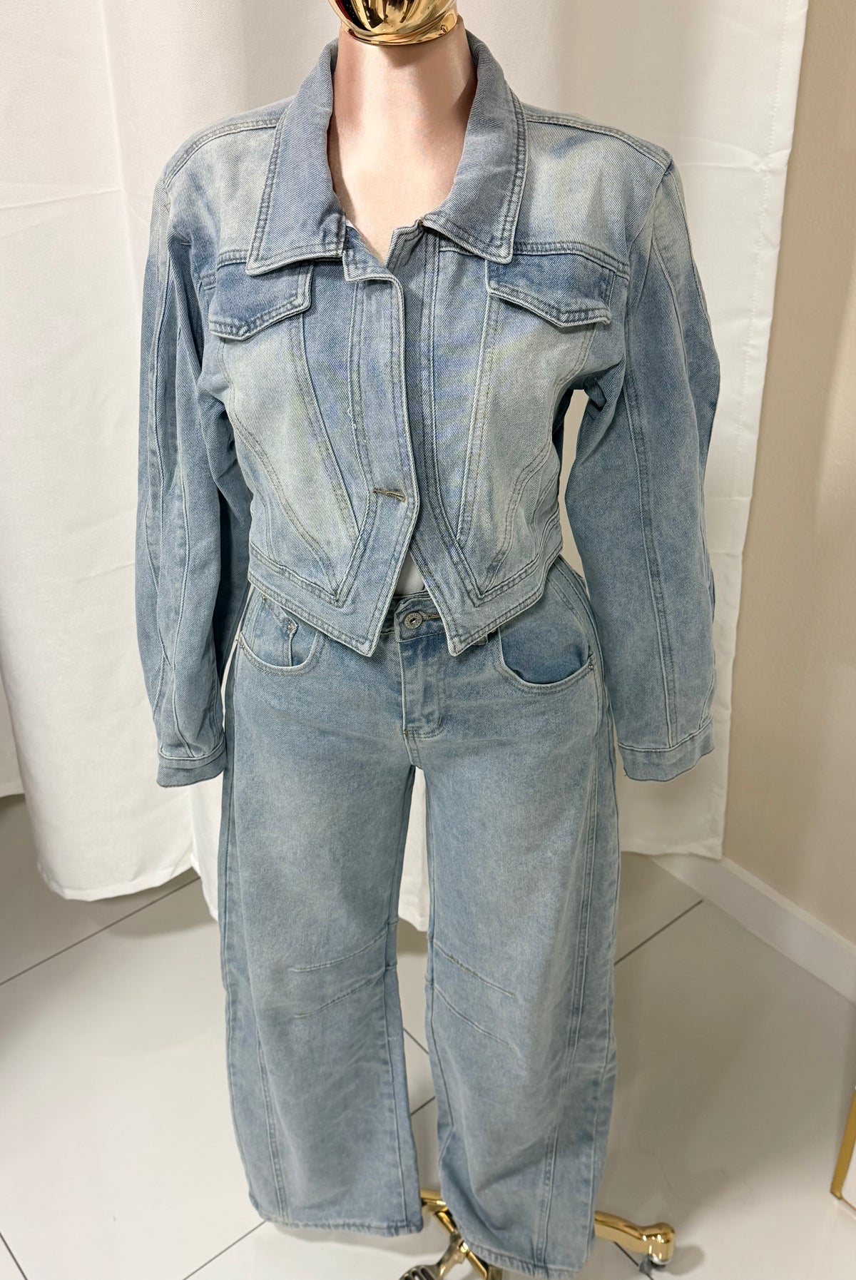 Cropped Wrap-Front Denim Set