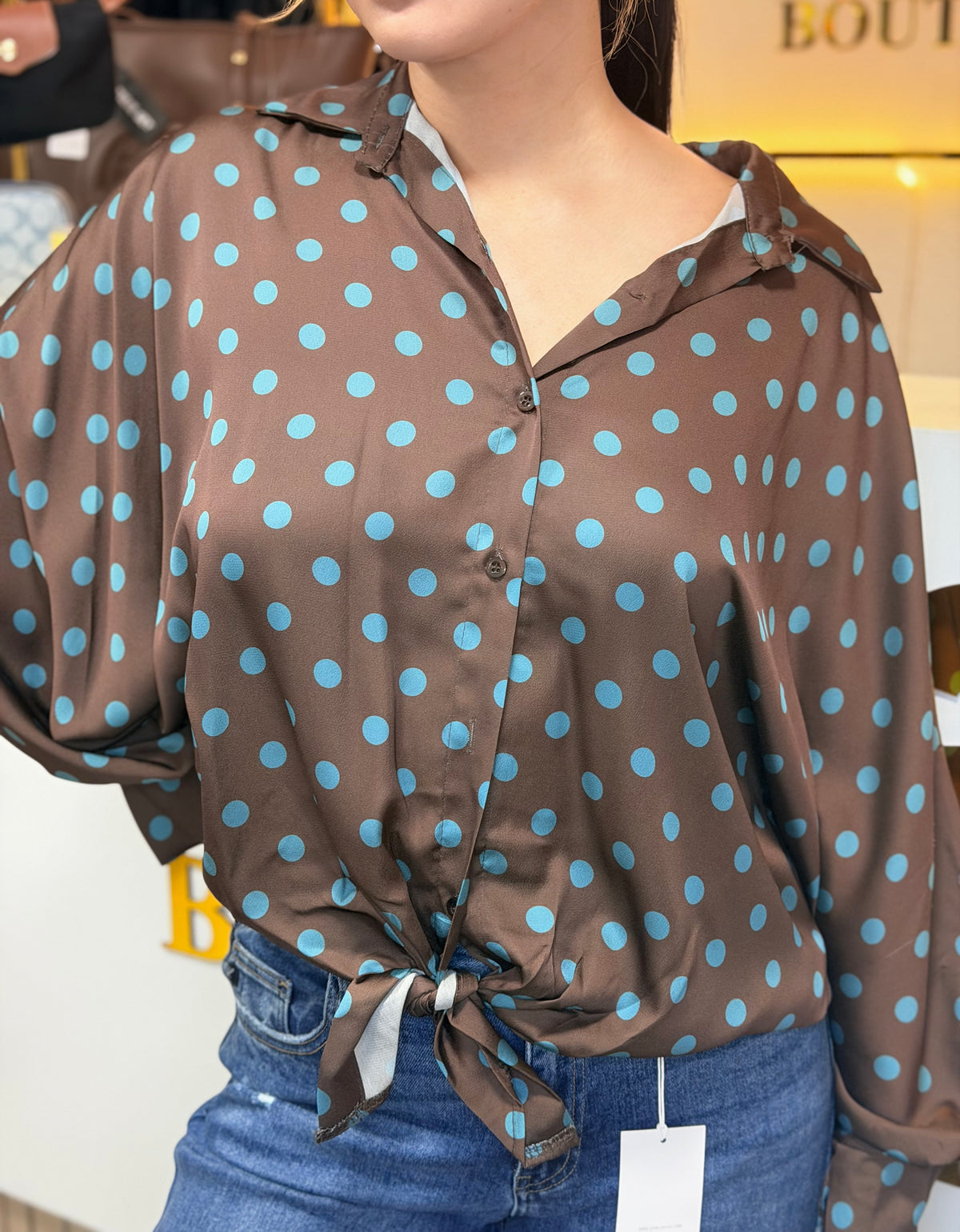 Brown Polka Dot Satin Blouse