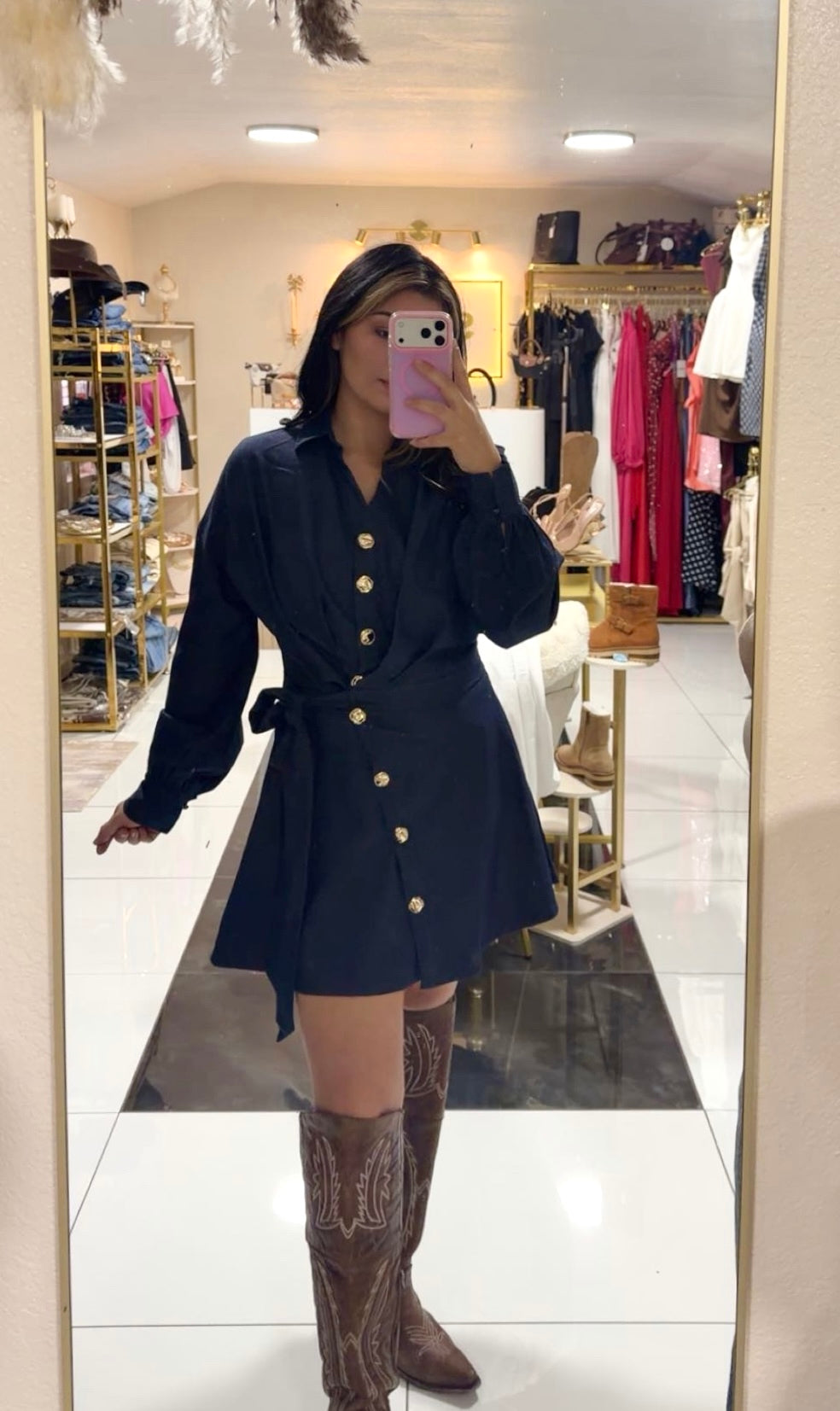 Navy Button-Up Long-Sleeve Dress