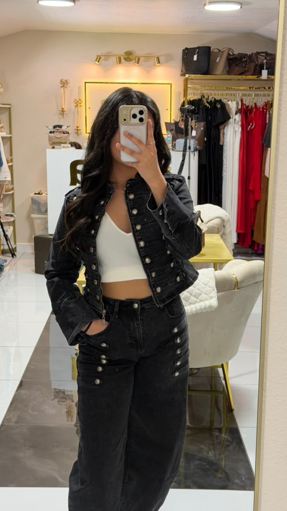 Denim Set with Silver Button Trim