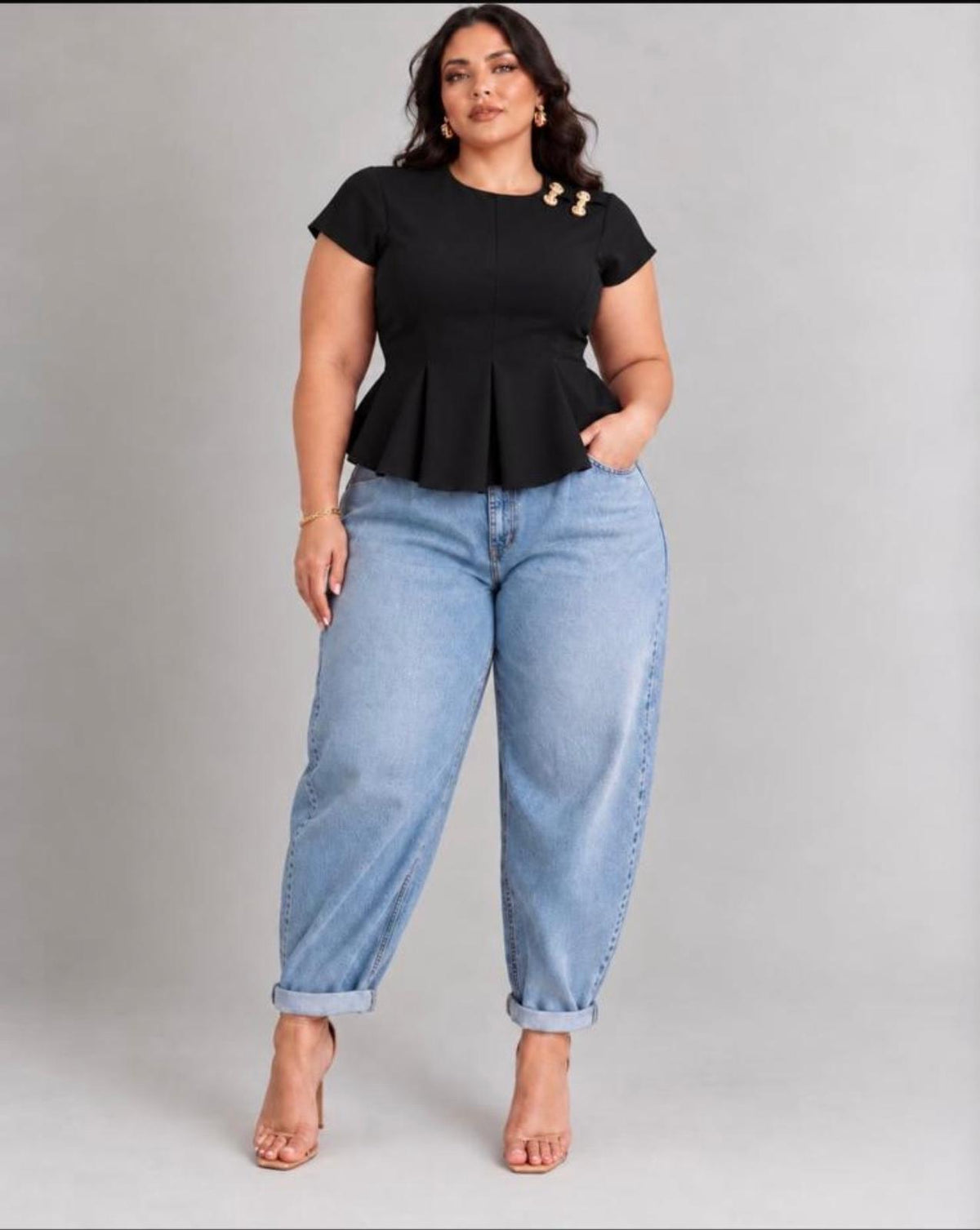 Black Short-Sleeve Top With Gold Accents